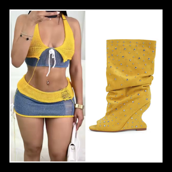 Women Fashion Open Toe Rivet Wedge Ruched Knee High Boots