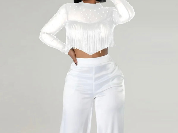 Women Pearl Tassel Mesh Full Sleeve Fashion Crop Top