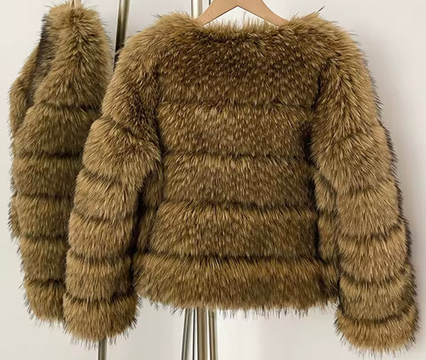 Women Fashion Brown Faux Fur Warm Jacket