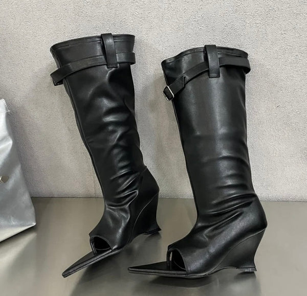 Women Pointed Open Toe Faux Leather/Suede Buckled Knee High Boots