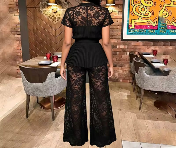 Women Pleated Lace Belted Short Sleeve Two Piece Pant Set
