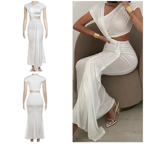 Women White Mesh Cut Out Sexy Maxi Dress