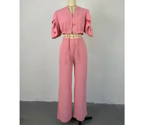 Women Pink Button Up Short Sleeve Two Piece Pant Set