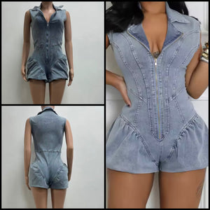 Women Sexy Fashion Zip Up Sleeveless Denim Romper