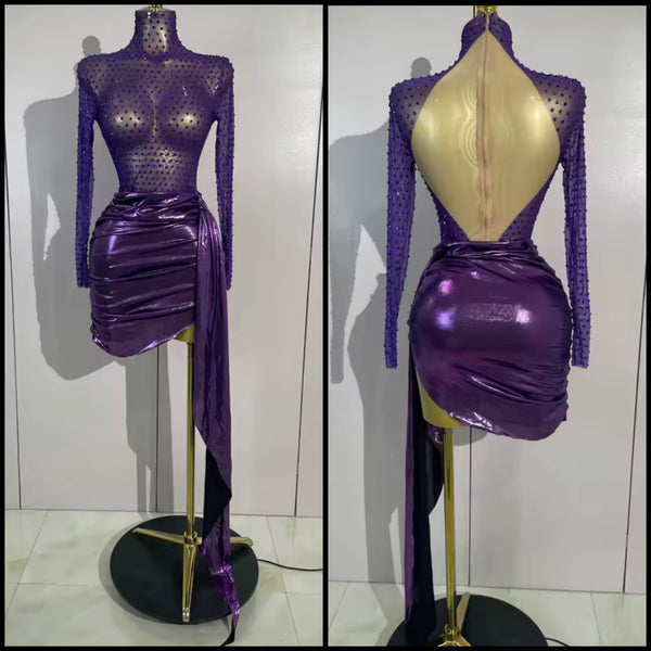 Women Sexy Purple Open Back Full Sleeve Rhinestone Dress