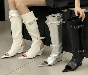 Women Fashion Pointed Open Toe Buckled Platform Wedge Knee High Boots