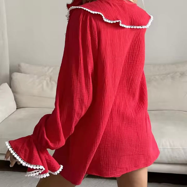 Women Red Ruffled Full Sleeve Fashion Two Piece Short Set