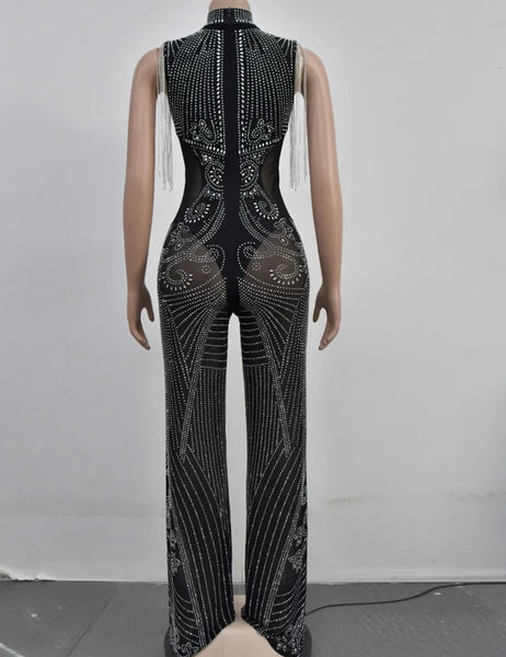 Women Sexy Sleeveless Mesh Bling Jumpsuit