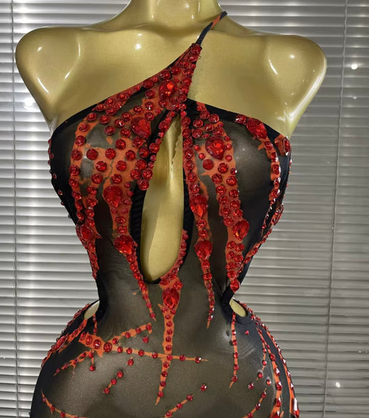 Women Sexy Halter Sleeveless Open Back Red Rhinestone Dress