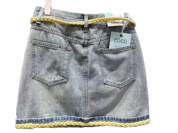 Women Fashion Denim Yellow Rope Patchwork Skirt