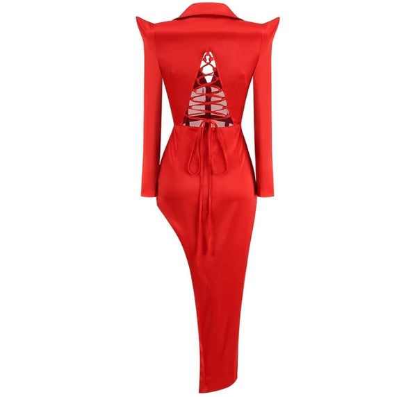 Women Sexy Red Open Back Full Sleeve Asymmetrical Dress