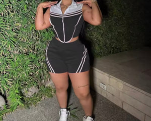 Women Fashion Zip Up Sleeveless Striped Two Piece Short Set