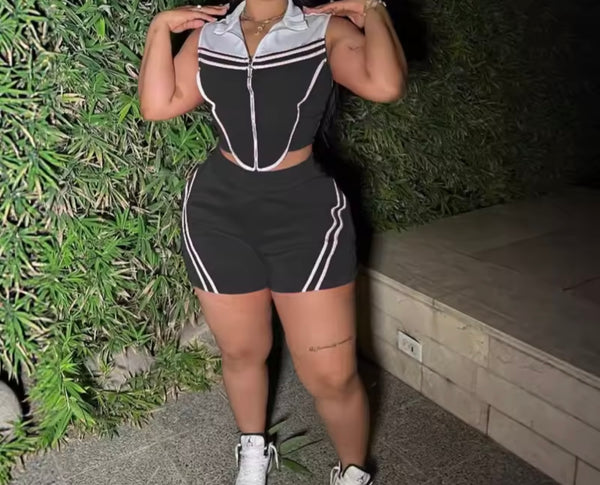 Women Fashion Zip Up Sleeveless Striped Two Piece Short Set