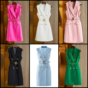 Women Fashion Sleeveless Gold Button Letter Belt Dress