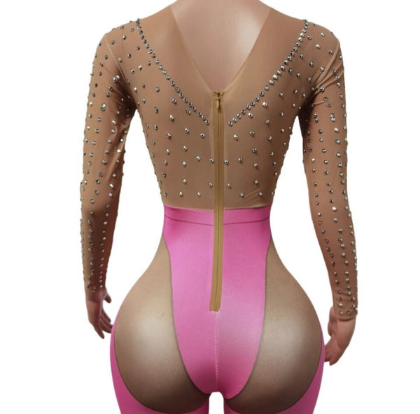 Women Sexy Pink Bling Mesh Full Sleeve Jumpsuit