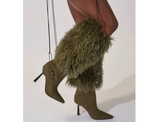 Women Fashion Green Faux Fur Suede Knee High Boots