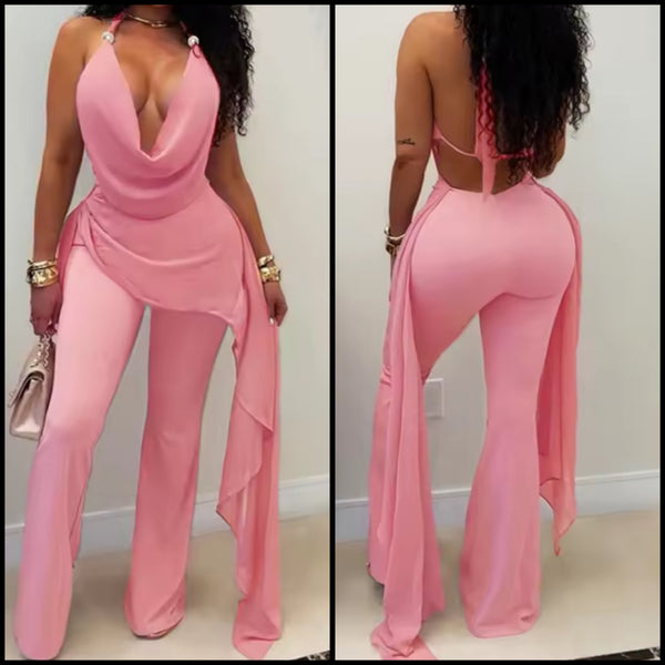 Women Sexy Pink Halter Open Back Sleeveless Jumpsuit