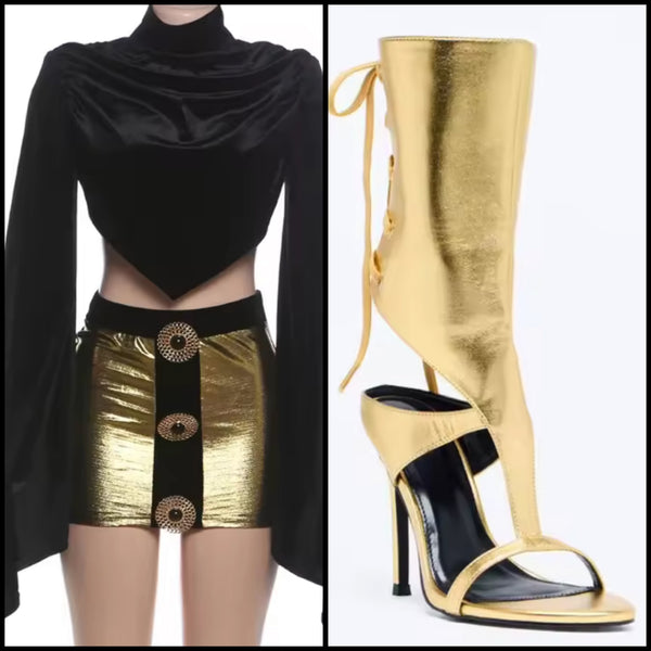 Women Sexy Flare Full Sleeve Crop Two Piece Skirt Set