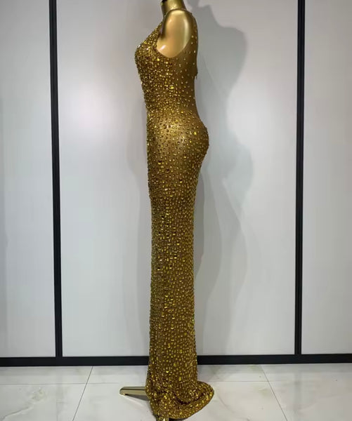 Women Sexy Sleeveless Crystal Mesh Maxi Dress