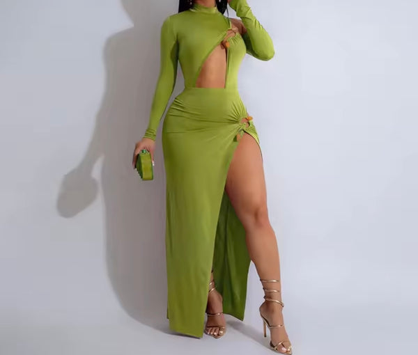 Women Sexy Cut Out Full Sleeve Side Split Maxi Dress