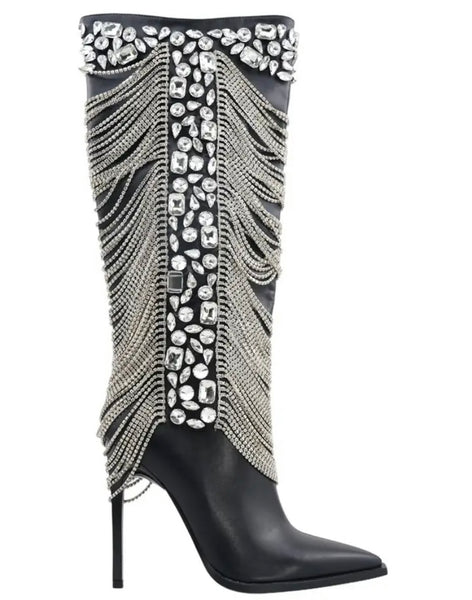 Women Black Fashion Bling Tassel Knee High Boots