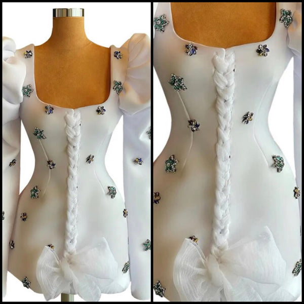Women Sexy White Full Sleeve Crystal Bow Dress