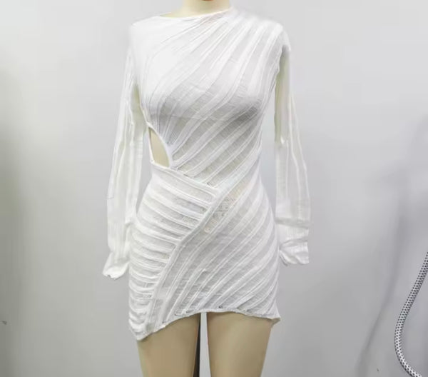 Women Sexy Solid Color Full Sleeve See Through Dress