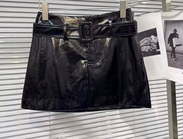 Women Sexy Fashion Color Faux Leather Belted Skirt