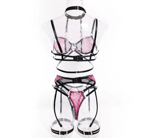 Women Sexy Choker Color Patchwork Mesh Lingerie Set