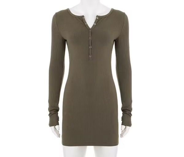 Women Sexy Ribbed Button Up Full Sleeve Dress
