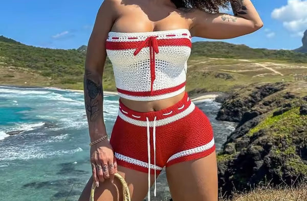 Women Sexy Tie Up Strapless Color Patchwork Knitted Two Piece Short Set