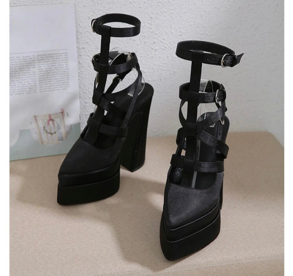 Women Fashion Pointed Toe Platform Ankle Strap High Heels