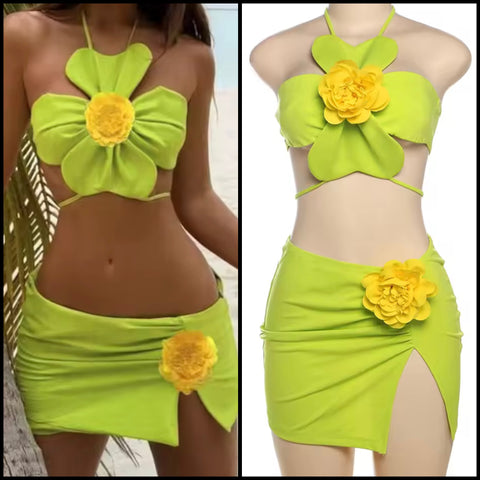 Women Sexy Green Floral Halter Sleeveless Two Piece Skirt Set