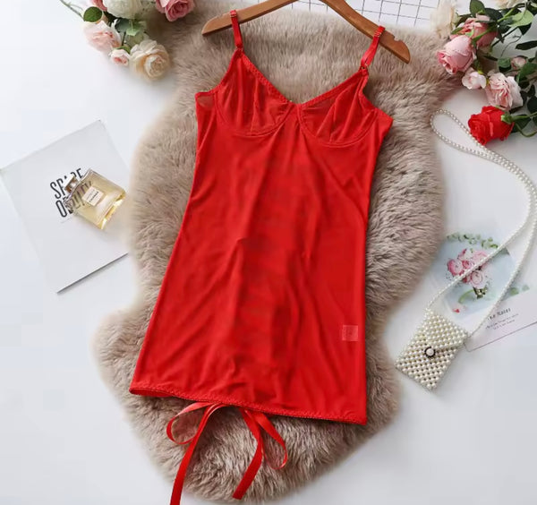 Women Sexy Sleeveless Open Back Lace Up Mesh Nightgown Lingerie