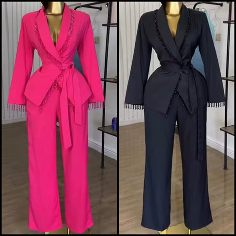 Women Beaded Tassel Wrap Full Sleeve Blazer Two Piece Pant Set