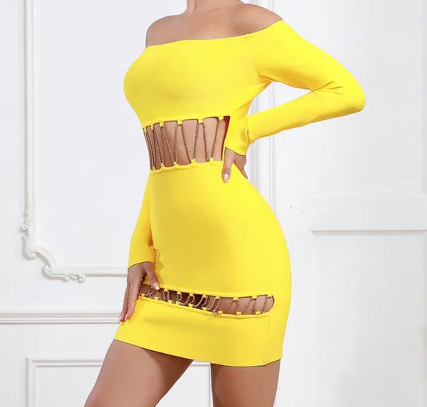 Women Yellow Sexy Chain Cut Out Full Sleeve Dress