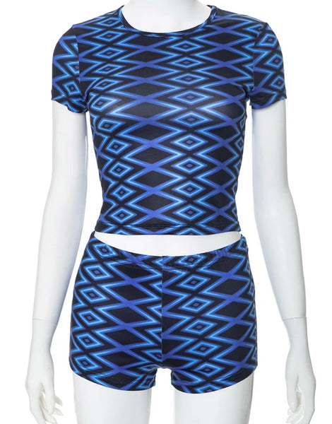 Women Fashion Blue Printed Short Sleeve Two Piece Short Set