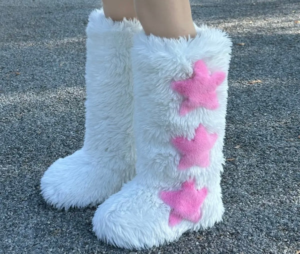 Women Fluffy Fashion Star Print Faux Fur Boots