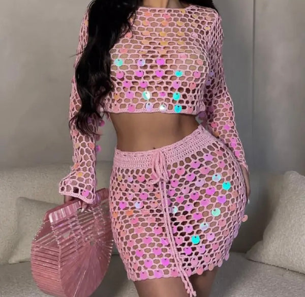 Women Sexy See Through Full Sleeve Two Piece Skirt Set