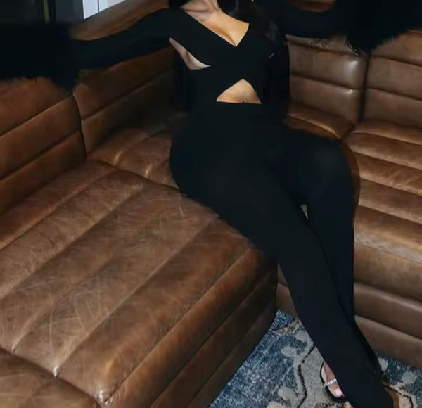 Women Sexy Fur Full Sleeve Cut Out Jumpsuit
