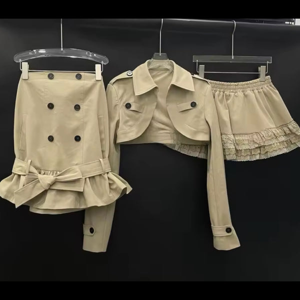 Women Fashion Khaki Three Piece Skirt Set