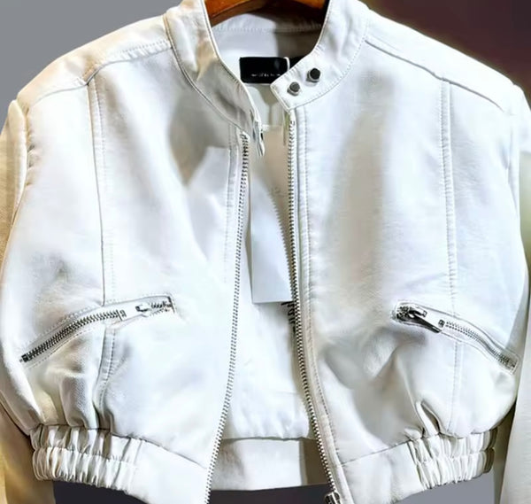 Women Faux Leather Zip Up Fashion Short Jacket
