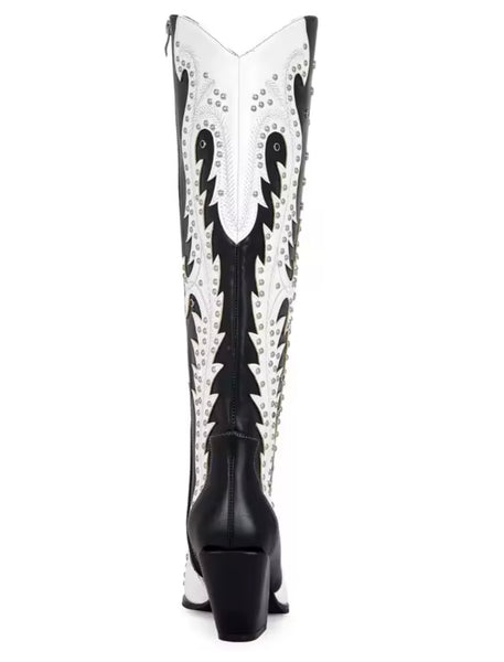 Women Fashion B&W Rivet Knee High Western Boots