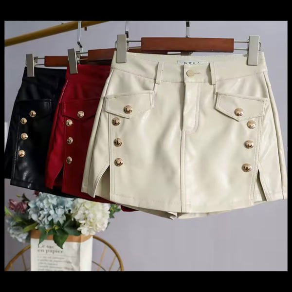 Women Color Fashion Faux Leather Button Wrap Shorts