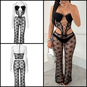 Women Sexy Halter Sleeveless Lace Tie Up Black Jumpsuit
