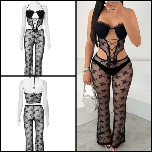 Women Sexy Halter Sleeveless Lace Tie Up Black Jumpsuit