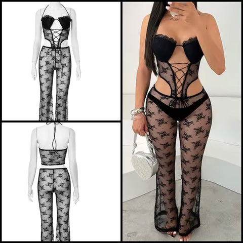 Women Sexy Halter Sleeveless Lace Tie Up Black Jumpsuit