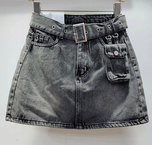 Women Fashion Belted Denim Short Skirt