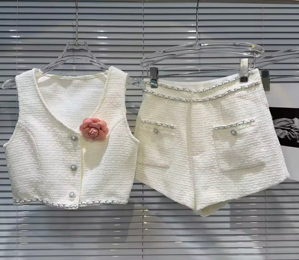 Women Button Up Flower Chain Sleeveless Tweed Two Piece Short Set