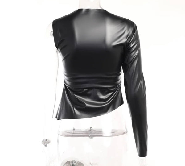 Women One Shoulder Full Sleeve Faux Leather Top